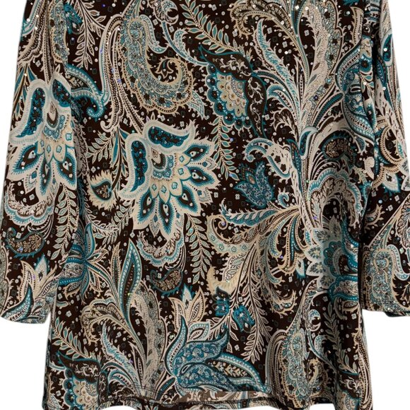 SHANNON FORD  CHOCOLATE/BLUE PRINT TOP w/SPARKLE    MEDIUM/PETITE - Picture 3 of 5